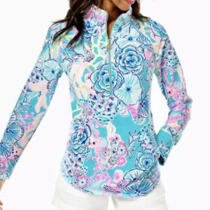 Lilly Pulitzer Luxletic UPF 50+ Justine Pullover Turquoise Floral SIZE XXS